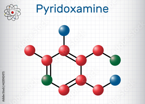 Pyridoxamine molecule. It is form of vitamin B6. Molecule model. Sheet of paper in a cage. photo