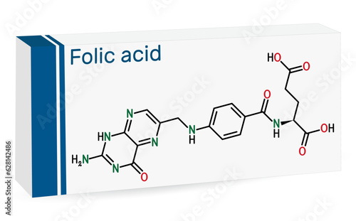 Folic acid, folate molecule. It is known as vitamin B9. Skeletal chemical formula. Paper packaging for drugs. Vector
