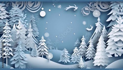origami background art creative winter paper christmas blue tree snowflakes merry. Generative AI. © VICHIZH