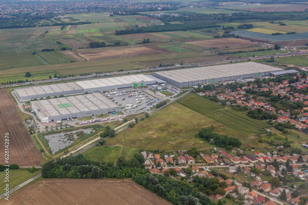 Aerial view of a logistics center in Ullo town, Hungary