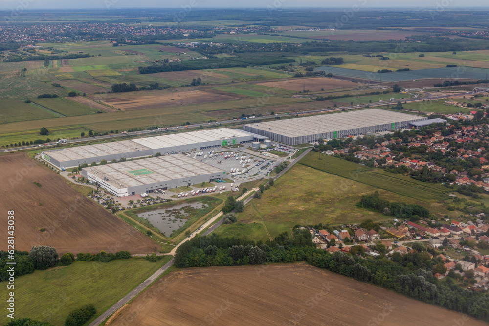 Aerial view of a logistics center in Ullo town, Hungary