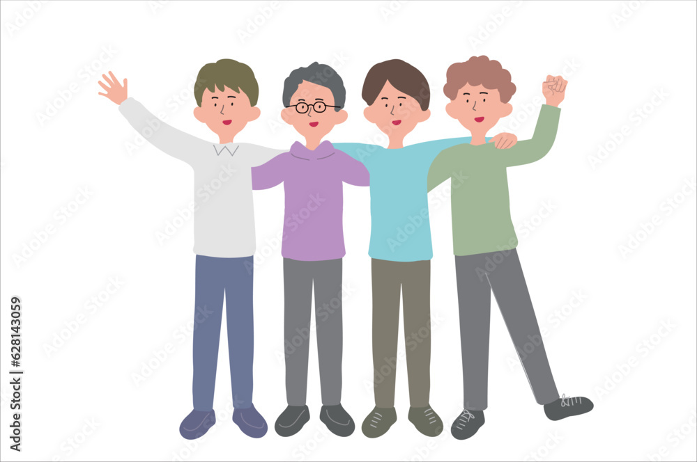 Obraz premium 肩を組んで応援する人たち イラスト