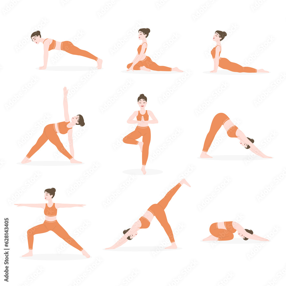A set of basic yoga poses. A young girl is doing yoga. A collection of yoga poses isolated on a white background. Vector flat illustration.