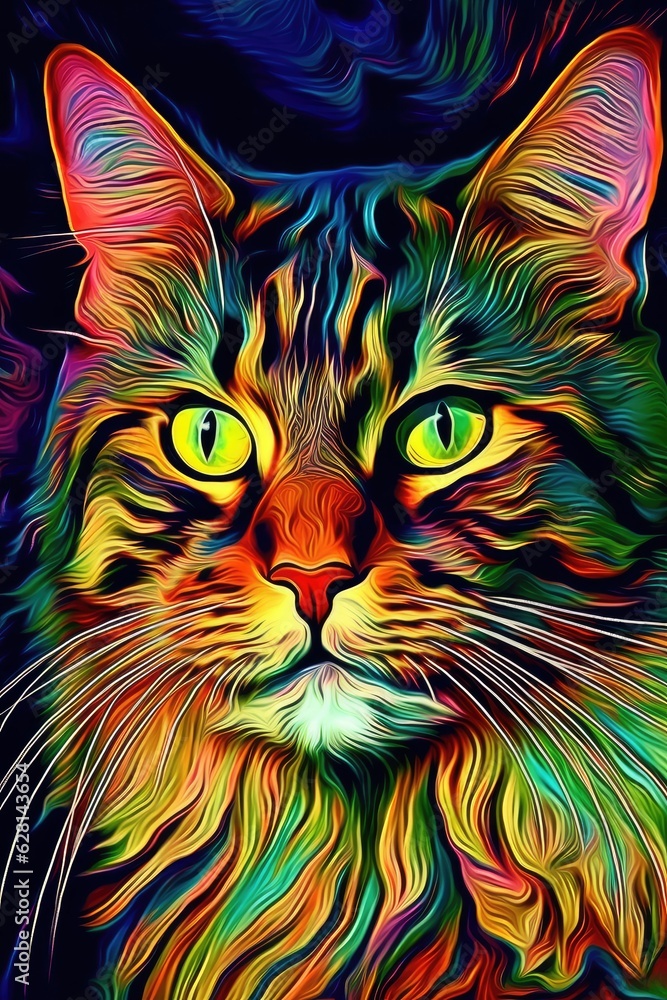 American Bobtail Manx cat psychedelic look. Generative AI