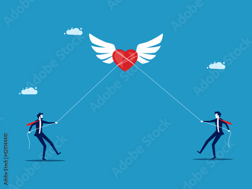 Two businessmen help pull the heart. The competition is popular. vector illustration