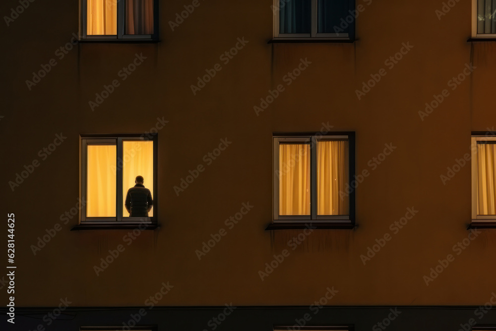 lonely person in backlit window of residential building, loneliness ...