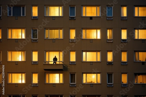 lonely person in window of residential building, loneliness concept