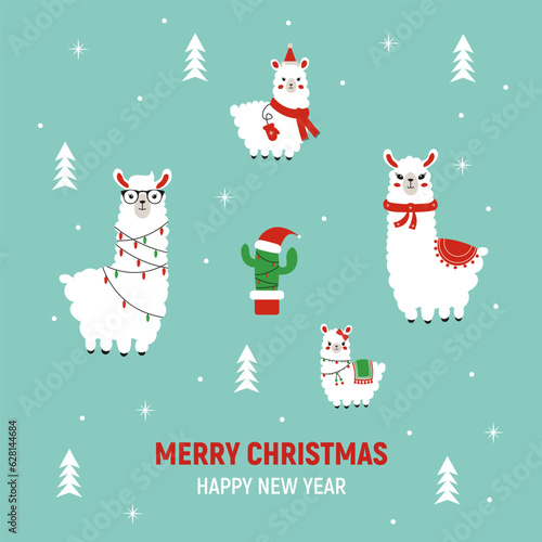New Year's set of family alpaca. Vector illustration for christmas card, t-shirt, design isolated background