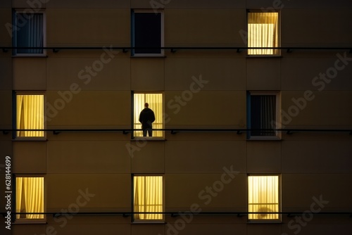 lonely man in backlit window of residential building, loneliness concept and epidemic