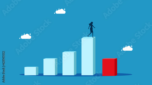 decline of business. Businesswoman standing looking at falling bar graph. vector