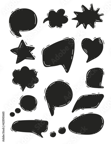 Comic black speech bubbles set vector in hand drawn style. Comic sketch explosions in doodle style. Empty speech, communication balloons in line style.