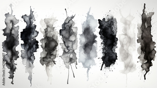 Black and white blot painted in watercolor on a light background, splashes, pattern