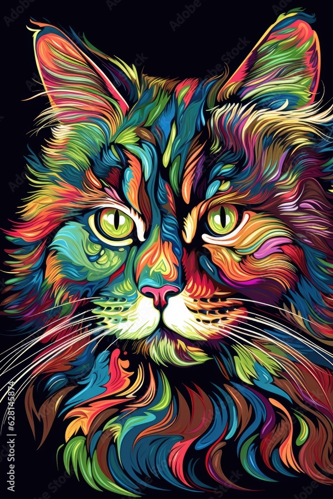 Norwegian Forest Cat Persian cat psychedelic look. Generative AI
