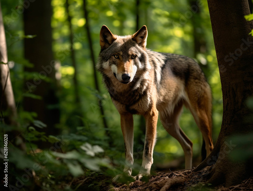 A full-length gray wolf stands in a summer forest