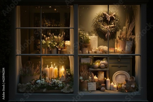 Cozy seasonal window display with candlelight. Generative AI © Jason