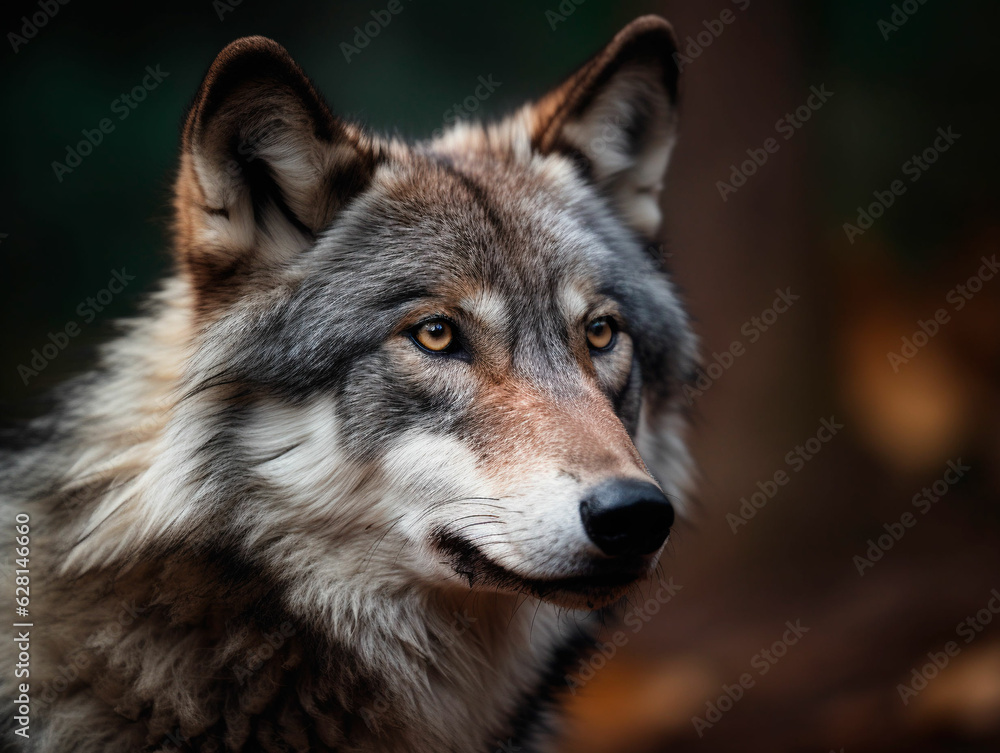 Portrait of a gray wolf, close-up head