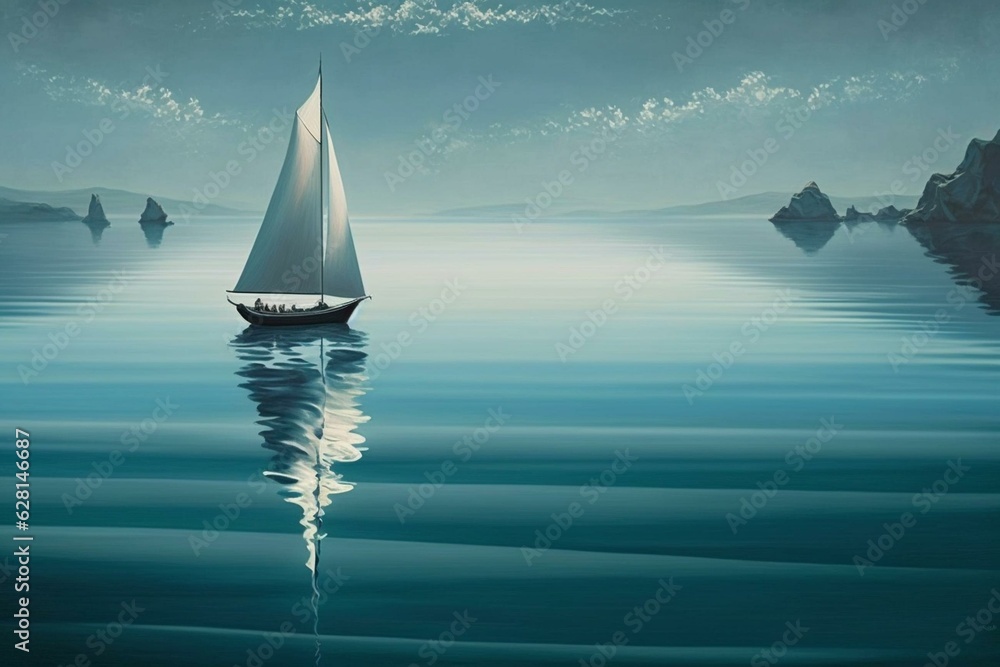 A serene sailboat glides on a tranquil sea. Generative AI