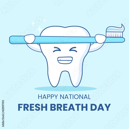 Vector graphic of tooth holding a toothbrush cute cartoon good for national fresh breath day
