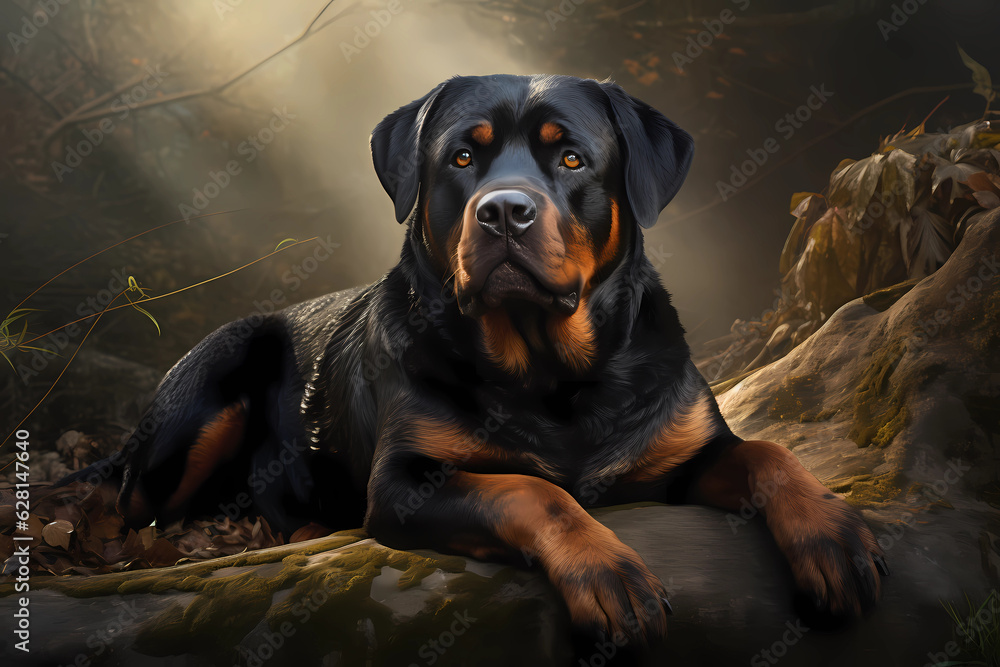 Obraz premium Rottweiler - originally from Germany, bred for herding and guarding. Known for being loyal, courageous, and protective (Generative AI)
