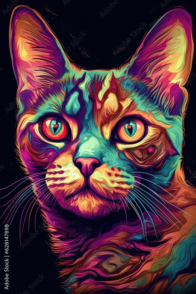 Sphynx Exotic Shorthair cat psychedelic look. Generative AI