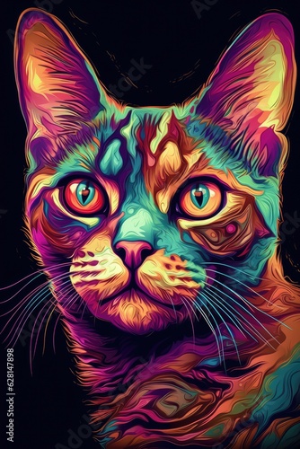 Sphynx Exotic Shorthair cat psychedelic look. Generative AI