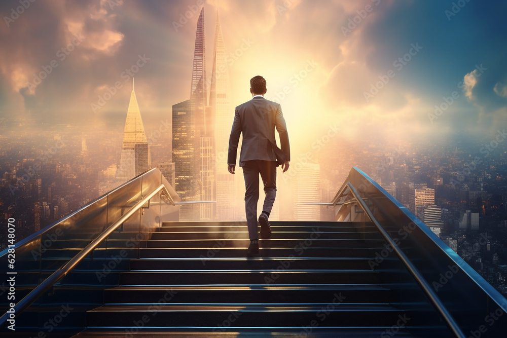 Ambitious businessman climbing the stairs to success. concept of career path success, future planning and business competitions. High quality photo - obrazy, fototapety, plakaty 