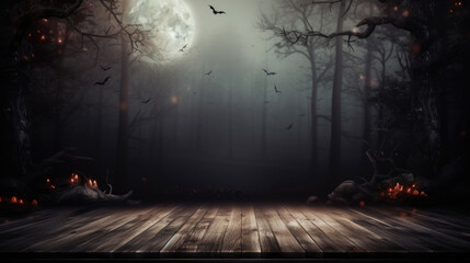 Spooky halloween background with empty wooden planks, dark horror background.
