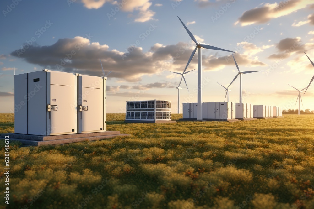 Conceptual image of a modern battery energy storage system with wind ...