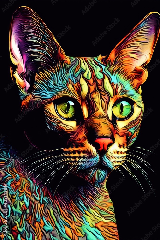 Ocicat Sphynx cat psychedelic look. Generative AI