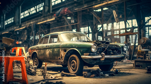repair and restoration of a historic car in the garage, made with Generative AI © edojob