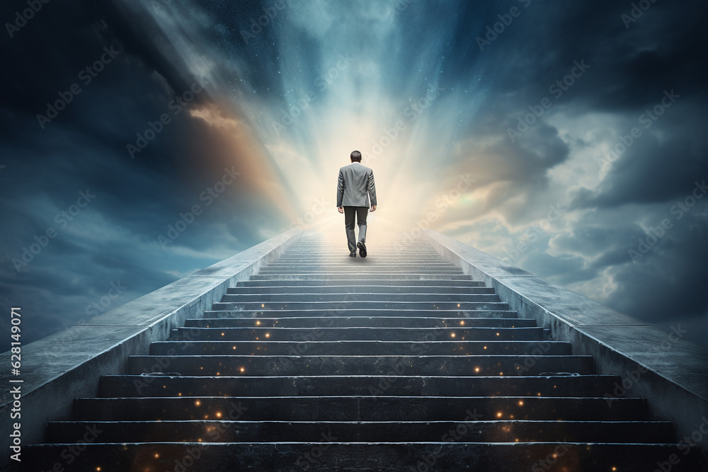 Ambitious businessman climbing the stairs to success. concept of career path success, future planning and business competitions. High quality photo