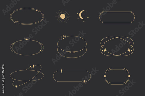 Set golden celestial frames, borders, arch line art esoteric minimal decoration with sparkles isolated on dark background.