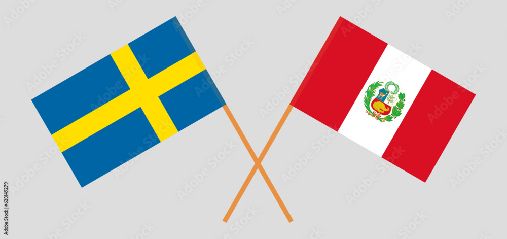 Crossed flags of Sweden and Peru. Official colors. Correct proportion