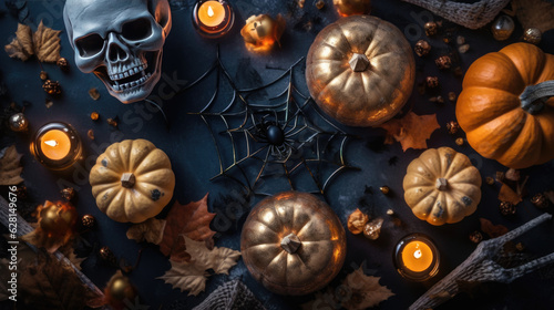 Happy Halloween holiday concept. Halloween decorations on dark wooden background. Flat lay, top view.