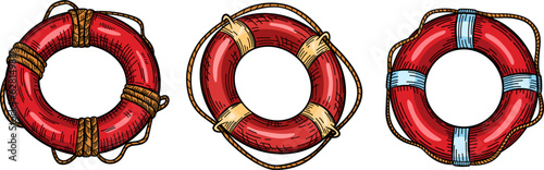 Set of colored lifebuoy with rope isolated sketch. Hand drawn life ring in engraving style collection.