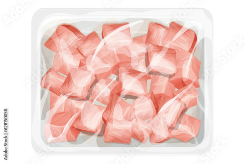 Chicken raw fillet slices in plastic tray, package with poultry in cartoon style isolated on white background. Broiler meat cubes covered 