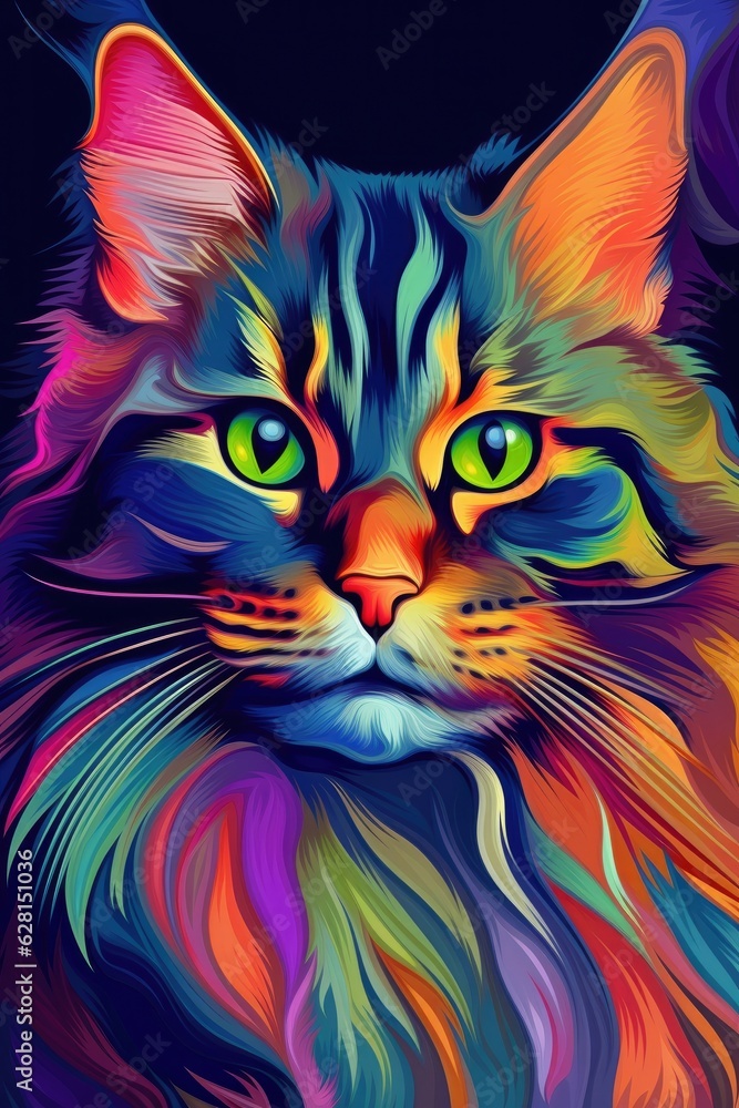 Siberian cat psychedelic look. Generative AI