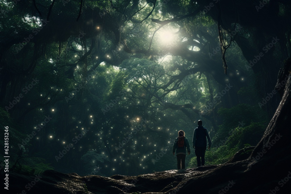 Photograph of people exploring enchanted forests in the midst of ...