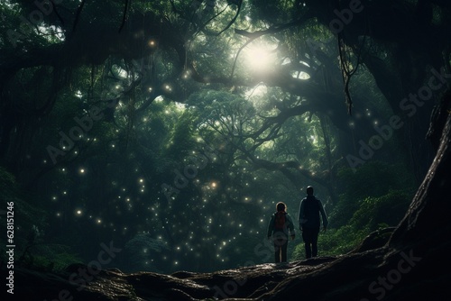 Photograph of people exploring enchanted forests in the midst of exuberant nature, awakening the connection with nature and inner serenity, Generative AI