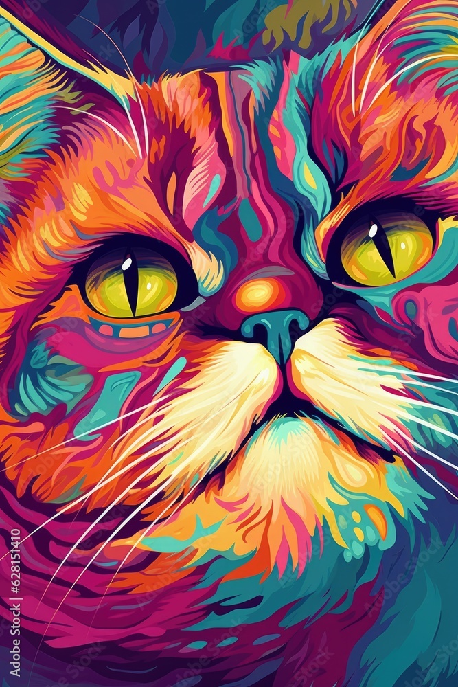 Exotic Shorthair cat psychedelic look. Generative AI
