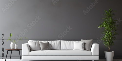 Beautiful modern white sofa in the interior against a gray wall