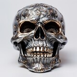 Ethereal chuckling metal skull on white canvas, Generative AI