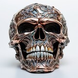 Ethereal chuckling metal skull on white canvas, Generative AI