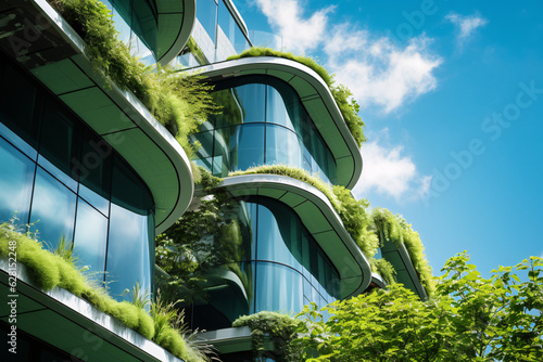Eco-friendly building in the modern city. Sustainable glass office building with tree for reducing carbon dioxide. Office building with green environment. Corporate building reduce CO2. photo