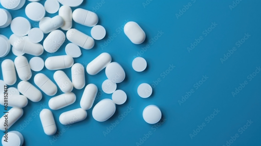 various white pills on blue background, top view. generative ai