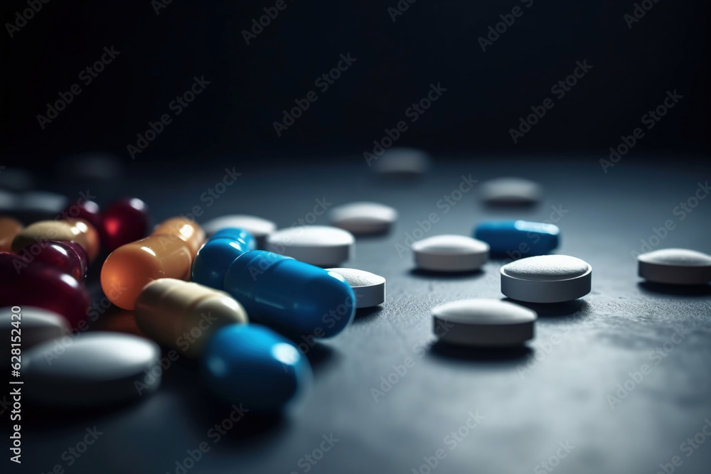 Some scattered pills on table. Generative AI Some scattered pills on table. Generative AI
