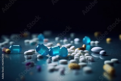 Some scattered pills on table. Generative AI