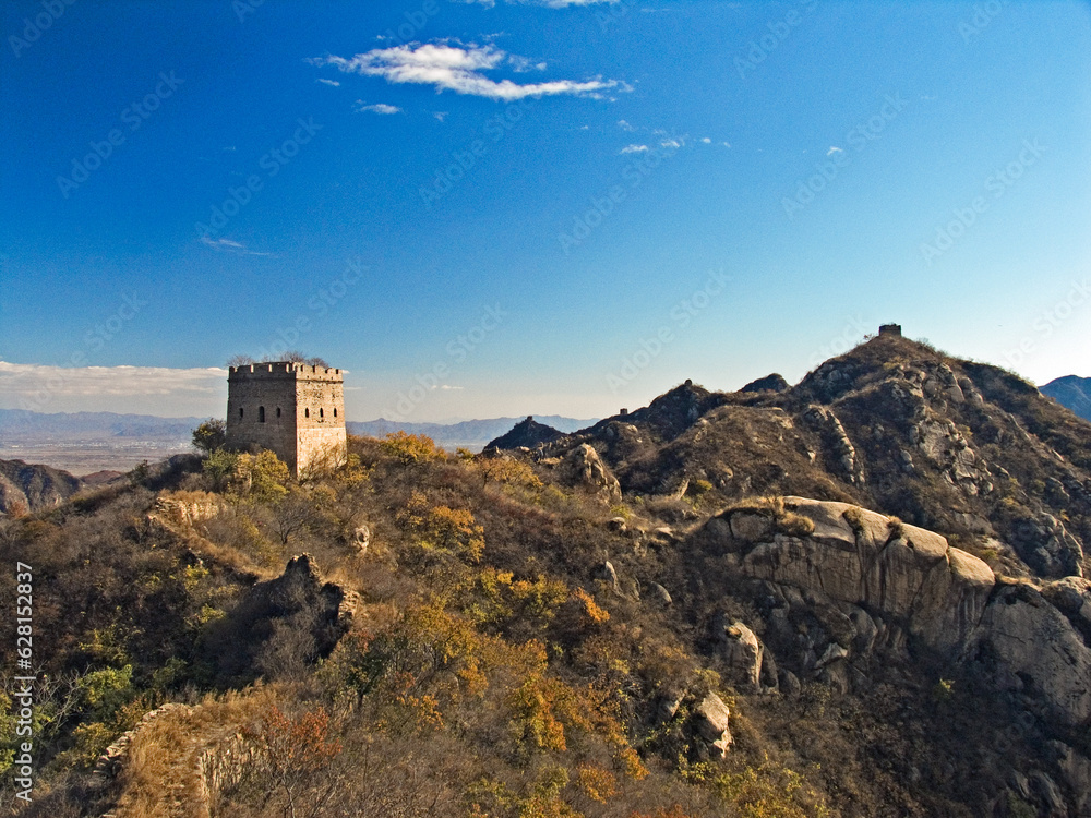 A section of the Great Wall of China in its undeveloped raw condition, North of the city of Beijing, China