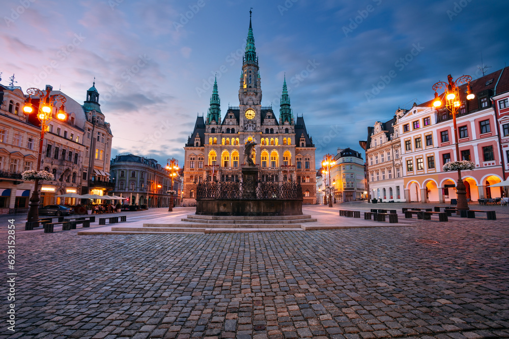 Fototapeta premium Liberec, Czech Republic. Cityscape image of downtown Liberec, Czech Republic with Liberec Town Hall and Fountain of Neptun at summer sunset.