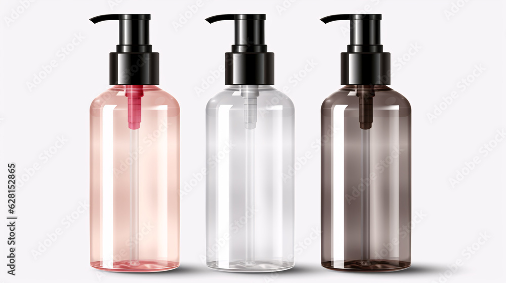 Empty cosmetic bottles with dispensers on a clear white background, isolated object, suitable for design purposes. Multicolor. Empty cosmetic bottles with dispensers on a clear white background, isolated object, suitable for design purposes. Multicolor.